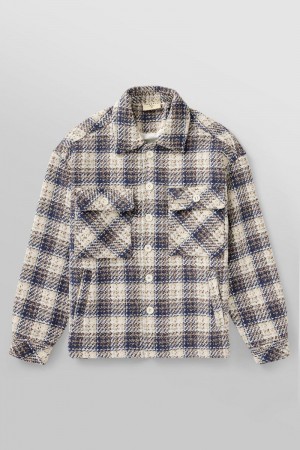 Men's YoungLA Gym 519 Woven Flannel Jackets Jackets Off-White / Blue | LW5312-096 USA