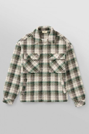 Men's YoungLA Gym 519 Woven Flannel Jackets Jackets Off-White / Green | ZV7624-059 USA