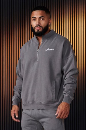 Men's YoungLA Gym 520 Sunday Quarter Zips Sweatshirts Grey Wash | IB5823-940 USA