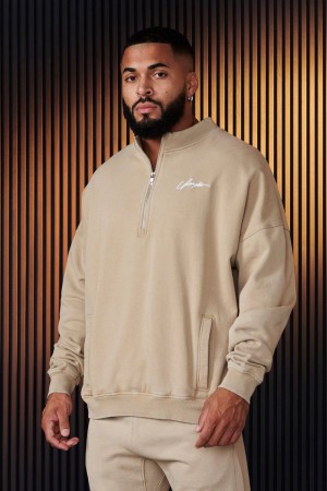 Men's YoungLA Gym 520 Sunday Quarter Zips Sweatshirts Tan Wash | CM1803-576 USA