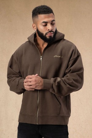 Men's YoungLA Gym 546 Rivet Zipup Hoodies Hoodies Brown Wash | ER4861-592 USA