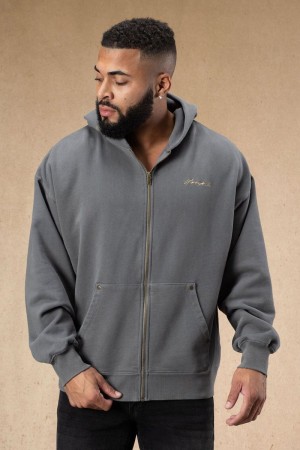 Men's YoungLA Gym 546 Rivet Zipup Hoodies Hoodies Grey Wash | IY6819-257 USA