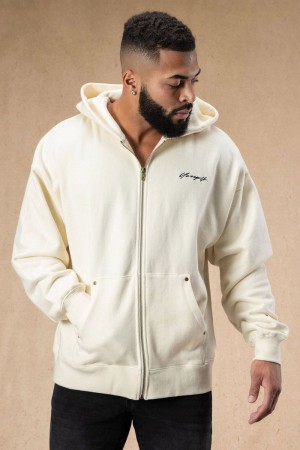 Men's YoungLA Gym 546 Rivet Zipup Hoodies Hoodies Off-White | VB9863-271 USA