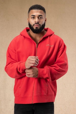 Men's YoungLA Gym 546 Rivet Zipup Hoodies Hoodies Red Wash | CL1826-503 USA