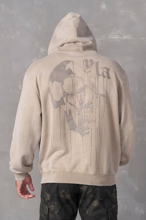 Men's YoungLA Gym 551 Drippy Skull Hoodie Hoodies Beige Wash | KO8264-037 USA