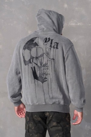 Men's YoungLA Gym 551 Drippy Skull Hoodie Hoodies Grey Wash | MX9514-627 USA