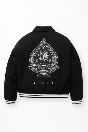 Men's YoungLA Gym 569 Ace of Spade Letterman Jackets Black | XZ9385-621 USA