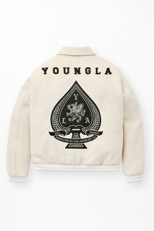 Men's YoungLA Gym 569 Ace of Spade Letterman Jackets Bone | IB8561-932 USA