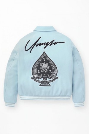 Men's YoungLA Gym 569 Ace of Spade Letterman Jackets Carolina Blue | NL6350-241 USA