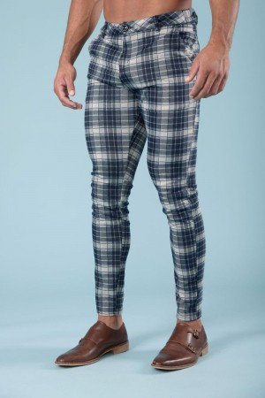 Men's YoungLA Gym 614 Dapper Dress Pants Pants Blue Plaid | MA2479-356 USA