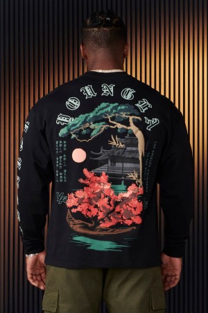 Men's YoungLA Gym 8038 Tokyo Longsleeves Shirts Black Bonsai Art | OK3274-689 USA