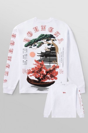 Men's YoungLA Gym 8038 Tokyo Longsleeves Shirts White Bonsai Art | OC7053-964 USA