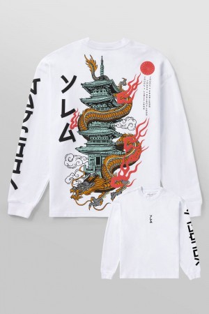 Men's YoungLA Gym 8038 Tokyo Longsleeves Shirts White Temple Dragon | CS4352-896 USA