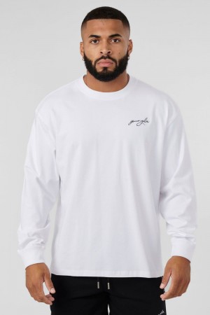 Men's YoungLA Gym 805 Essential Longsleeves Shirts White | IS0684-932 USA