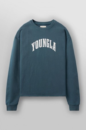 Men's YoungLA Gym 826 Uni Crewneck Shirts Teal Wash | UL3046-579 USA