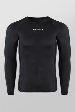 Men's YoungLA Gym 830 FlexFit Compression Longsleeves Shirts Black | GO6078-452 USA