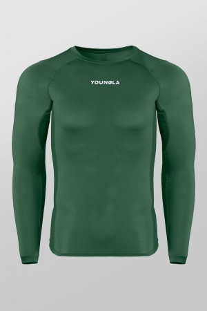 Men's YoungLA Gym 830 FlexFit Compression Longsleeves Shirts Hunter Green | WC3259-786 USA