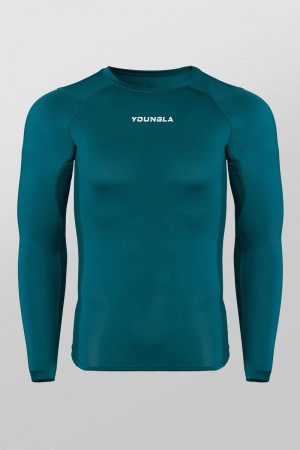 Men's YoungLA Gym 830 FlexFit Compression Longsleeves Shirts Teal | GL4368-520 USA