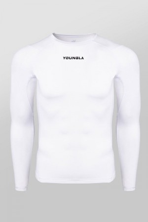 Men's YoungLA Gym 830 FlexFit Compression Longsleeves Shirts White | EX5046-312 USA