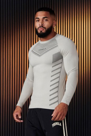 Men's YoungLA Gym 833 Superhero Compression Longsleeves Shirts Cement | KW2415-893 USA