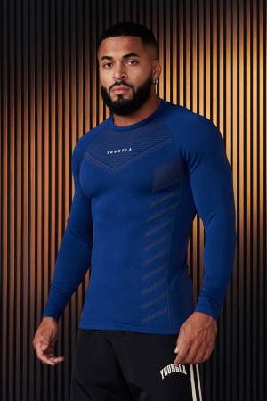 Men's YoungLA Gym 833 Superhero Compression Longsleeves Shirts Dark Blue | PA3254-910 USA