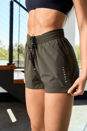 Women's YoungLA Gym W104 Velocity Running Shorts Shorts Forest Green | LB2630-451 USA