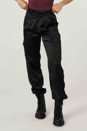 Women's YoungLA Gym W217 Gloria Satin Cargo Pants Black | DU0587-914 USA