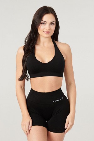 Women's YoungLA Gym W328 Core Seamless Halter sports bra Bras Polished Black | RA6485-391 USA