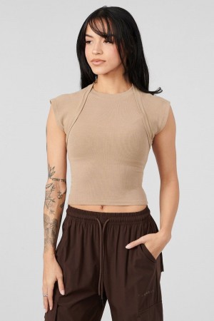 Women's YoungLA Gym W414 Luxe Ribbed Shirt T Shirts Roasted Almond | WM5704-328 USA