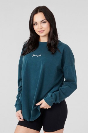 Women's YoungLA Gym W416 Retro Long Sleeve T Shirts Teal Wash | GP7049-856 USA