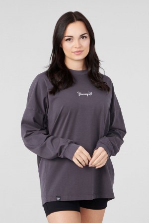 Women's YoungLA Gym W416 Retro Long Sleeve T Shirts Stone Grey Wash | XO7936-854 USA