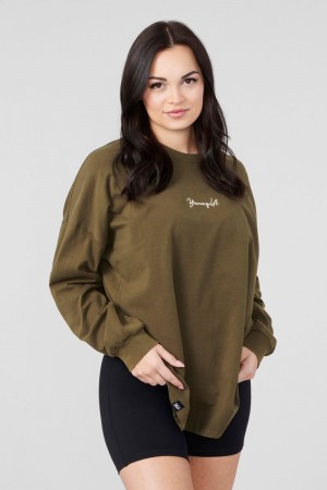 Women's YoungLA Gym W416 Retro Long Sleeve Fall 23 T Shirts Green Wash | VN1274-309 USA