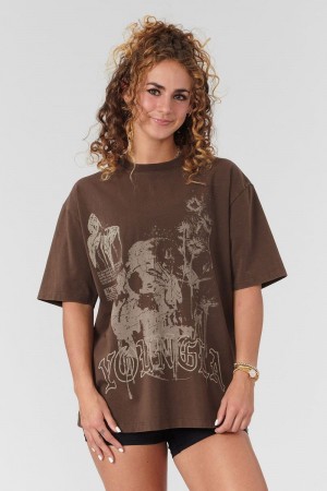 Women's YoungLA Gym W427 Phantom Oversized Shirt T Shirts Brown Wash | LF1472-635 USA