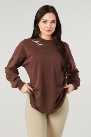 Women's YoungLA Gym W432 Emblem Long Sleeve Shirt T Shirts Brown | OV0197-532 USA