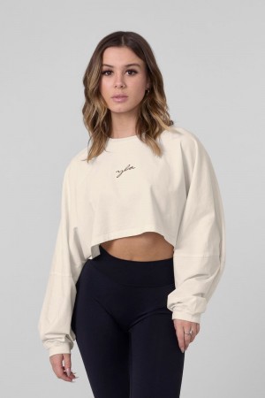 Women's YoungLA Gym W434 LazyDay LongSleeve Top T Shirts Cream | GF3782-105 USA