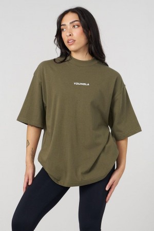 Women's YoungLA Gym W440 Digital Oversized Shirt T Shirts Olive | OD6378-941 USA