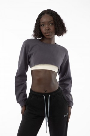 Women's YoungLA Gym W501 Super Crop Sweater Sweatshirts Coal | FH6095-273 USA