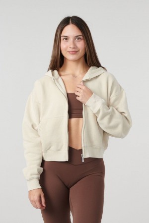 Women's YoungLA Gym W503 Essential Zip-up Hoodie Hoodies Bone | LE1328-459 USA