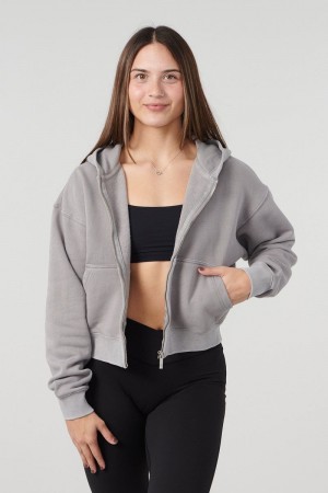 Women's YoungLA Gym W503 Essential Zip-up Hoodie Hoodies Stone Grey | WY4019-283 USA