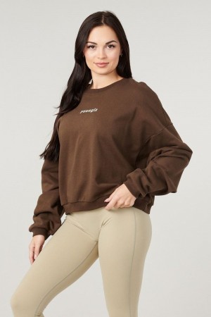 Women's YoungLA Gym W513 Willow Crewneck Sweatshirts Brown Wash | BC7143-680 USA