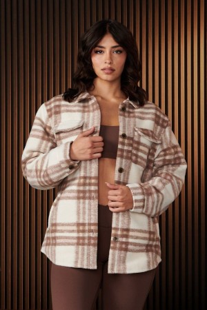 Women's YoungLA Gym W515 Urban Shacket Jackets Beige Plaid | YW5382-604 USA