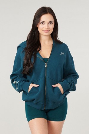 Women's YoungLA Gym W519 Emblem zip up hoodie Hoodies Teal | MO4875-360 USA