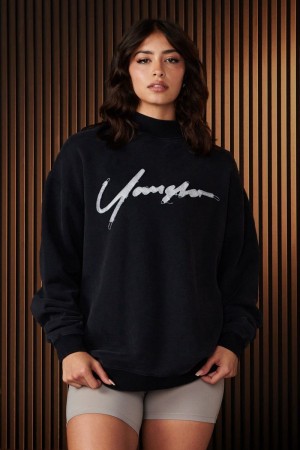 Women's YoungLA Gym W521 Urban Crewneck Sweatshirts Raven Wash | ID5289-067 USA