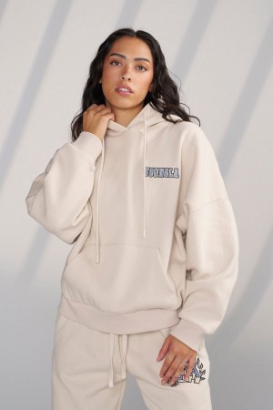 Women's YoungLA Gym W524 Teddy Hoodie Hoodies Barely Beige | UN7165-902 USA