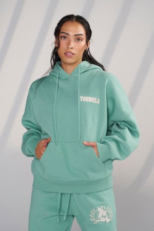 Women's YoungLA Gym W524 Teddy Hoodie Hoodies Moss Green | YV0927-348 USA