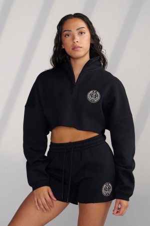 Women's YoungLA Gym W525 Teddy Crop Quarter Zip Sweatshirts Black | TO4579-681 USA