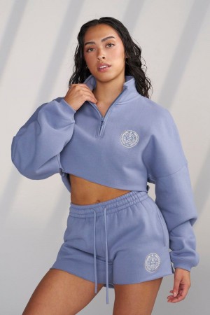 Women's YoungLA Gym W525 Teddy Crop Quarter Zip Sweatshirts Kashmir Blue | PB9714-536 USA