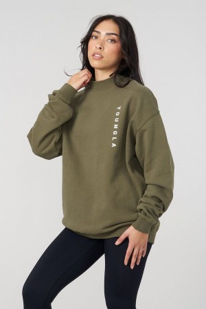 Women's YoungLA Gym W539 Eternal Crewneck Sweatshirts Olive | PX4876-593 USA