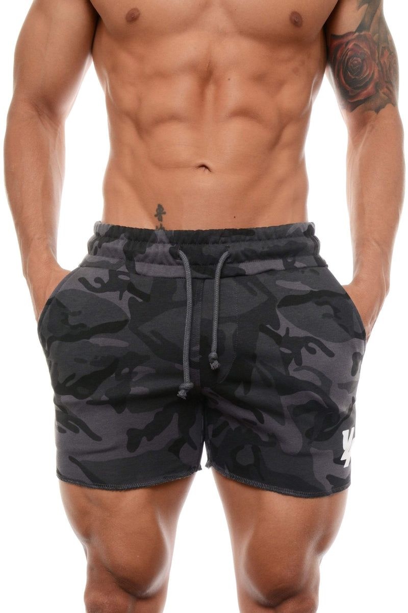 Men\'s YoungLA Gym 102 Bodybuilding French Terry Shorts Shorts Camo Black | WC8517-469 USA