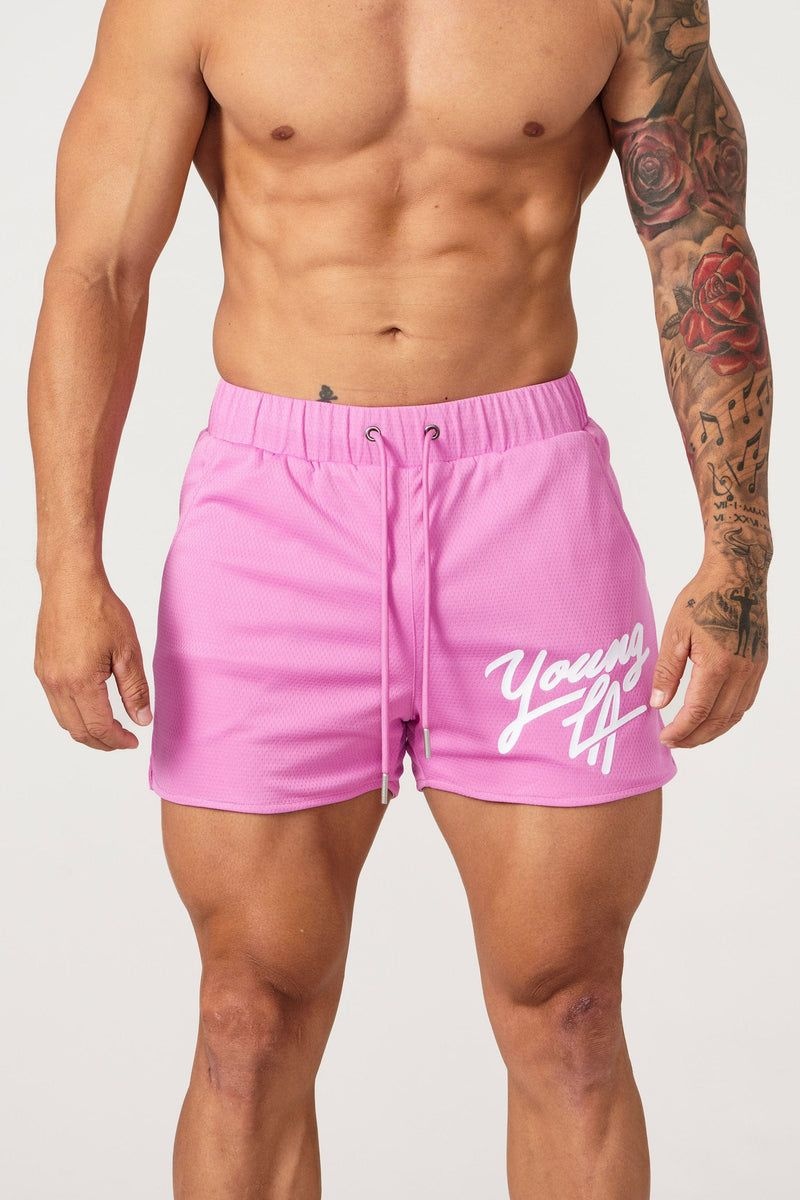 Men\'s YoungLA Gym 104 Legacy Shorts Shorts Hot Pink | PC1294-687 USA